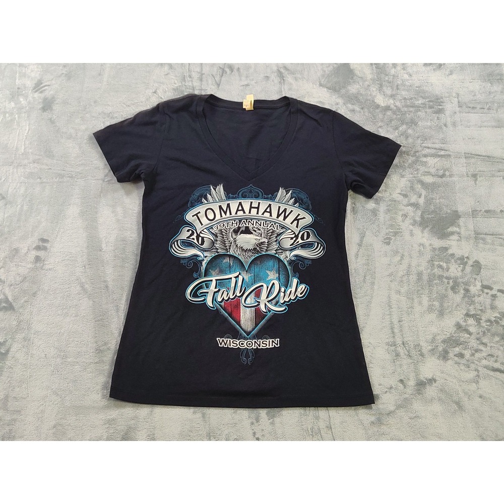 Tomahawk Fall Ride 39th Annual 2020 Wisconsin Eagle V-Neck T-Shirt Womens M